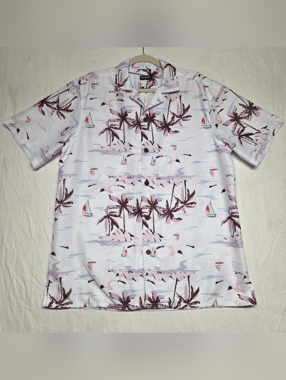 Tropical Palm Print Short Sleeve Button-Down Shirt - White/Pink